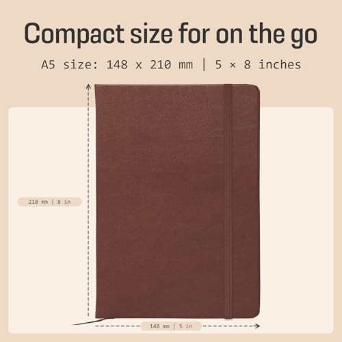 BROWNSTONE JOURNALS A5 Hardcover Lined Journal 5"x8" - Notebook for Work & Writing, 160 Pages Thick 100 GSM Paper, Lay Flat Binding, Elastic Band, Ribbon Bookmark (Chestnut Brown) - color: Chestnut Brown