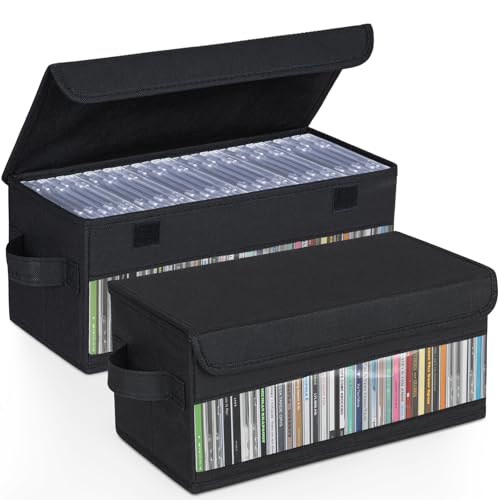 Home CD Storage Case Organizer Bag for Cassette CD, Portable and Large Capacity with Transparent Cover Carrying Handles and Zipper, Black (Black-Side Window, 2 Pack) - size: 2 Pack