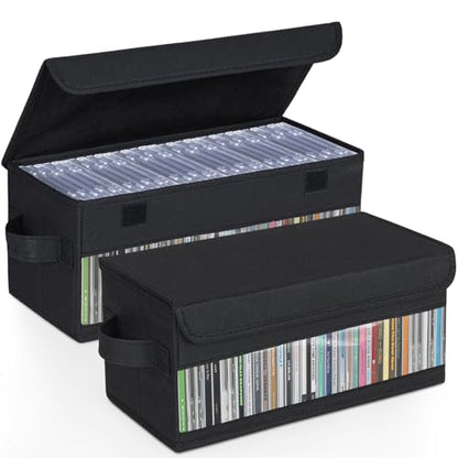 Home CD Storage Case Organizer Bag for Cassette CD, Portable and Large Capacity with Transparent Cover Carrying Handles and Zipper, Black (Black-Side Window, 2 Pack) - size: 2 Pack
