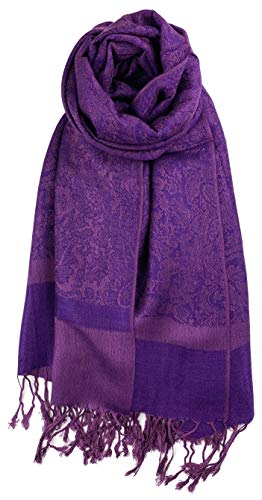Plum Feathers Two Tone Vintage Paisley Pattern Pashmina Scarf - color: Grape