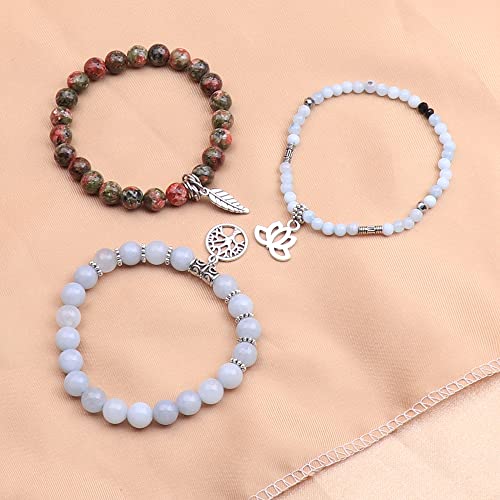 Tree of Life Yoga Healing Stone Bracelets,Multilayer Lotus Chakra Stone Reiki Bracelet Sets,Anxiety Crystal Natural Stone,for Women Stress Relief - style: Aquamarine + Flower Green
