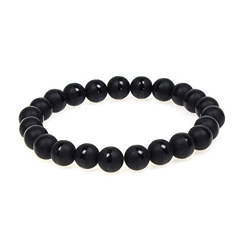 MJDCB Featured Men Women 8mm Beads Bracelet Elastic Natural Stone Yoga Bracelet Bangle 6.7" - color: White Line Matte Black Agate
