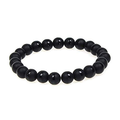 MJDCB Featured Men Women 8mm Beads Bracelet Elastic Natural Stone Yoga Bracelet Bangle 6.7" - color: White Line Matte Black Agate