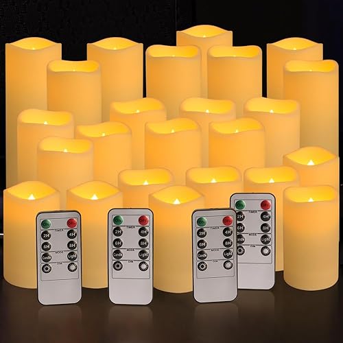 YOROXRG Set of 24 Waterproof Outdoor Flameless Candles, LED Candles with 4 Remote and Timer,(H 4" 5" 6" x D 2.2"),for Christmas,Halloween,Wedding,Festival - color: 24Pack-Iovry