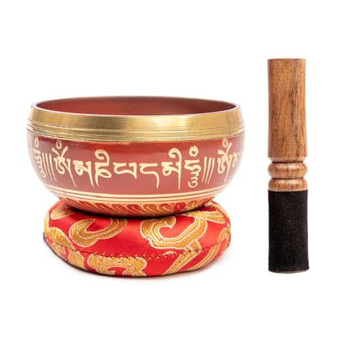 Tibetan Singing Bowl Set Brass - Master Healing Grade - Authentic Handcrafted Sound Bowl by Himalayan Bazaar - color: Red