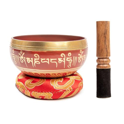 Tibetan Singing Bowl Set Brass - Master Healing Grade - Authentic Handcrafted Sound Bowl by Himalayan Bazaar - color: Red