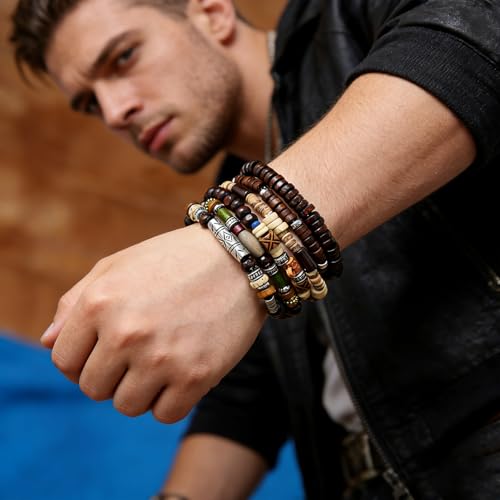 HZMAN Wrap Bracelets Men Women, Hemp Cords Wood Beads Ethnic Tribal Bracelets, Leather Wristbands - style: Bohemian