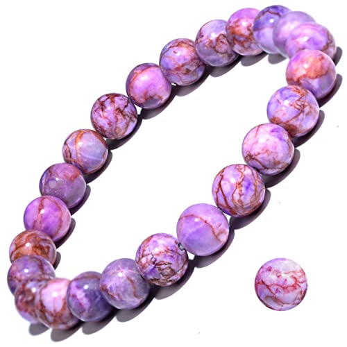 8mm Natural Gemstone Stretch Bracelet, Handmade Unisex Crystal Bracelets for Meditation, Yoga, Spiritual Healing & Positive Energy - color: Purple Turquoise Magnesite