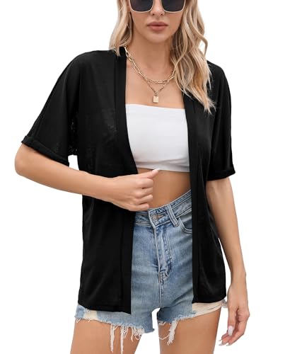 Iandroiy Women's Lightweight Open Front Cardigans Casual Short Sleeve Blouse Tops - color: A-04 Black, size: Large