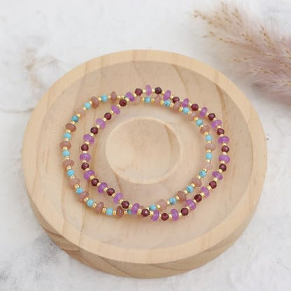Gold Beaded Gemstone Bracelets for Women, Boho Handmade Stackable Natural Stone Labradorite Beads Bracelet Prom Jewelry Gift. - color: Turquoise Brown