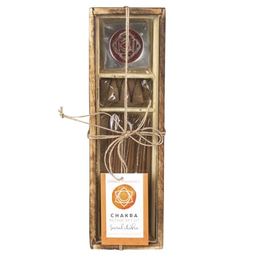 Pacific Giftware Sacral Chakra Incense Gift Set, Orange Fragrance, Wooden Box with Incense Sticks, Cones and Holder, Healing Aromatherapy Relaxation Gift for Yoga and Meditation 10" L