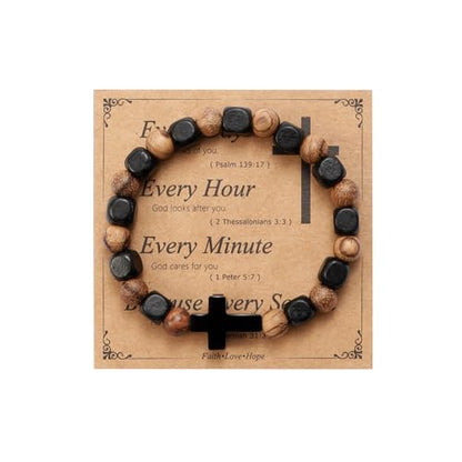 MILAKOO Wooden Bracelet with Black Stainless Steel Cross Charms Bead Christian Gifts for Women Men - color: C4