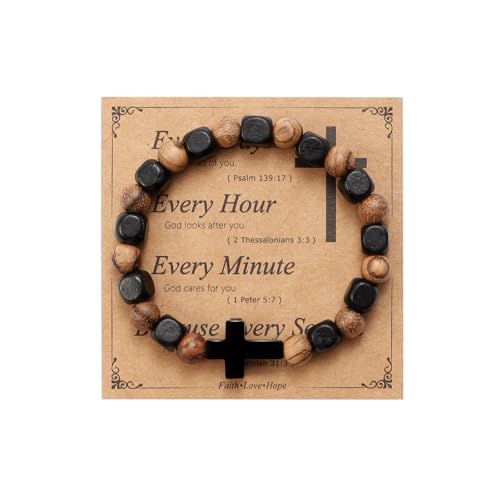 MILAKOO Wooden Bracelet with Black Stainless Steel Cross Charms Bead Christian Gifts for Women Men - color: C4