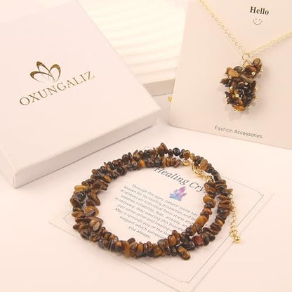 2Pcs Crystal Necklace for Women Handmade Choker Necklaces Pendant Necklace Natural Stone Gemstone Beaded Necklace 18k Gold Plated Adjustable Dainty Necklace for Women - color: Tigers Eye