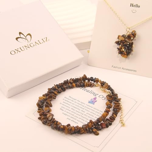 2Pcs Crystal Necklace for Women Handmade Choker Necklaces Pendant Necklace Natural Stone Gemstone Beaded Necklace 18k Gold Plated Adjustable Dainty Necklace for Women - color: Tigers Eye