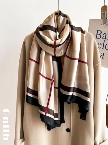 Large Shawl Scarf For Women Lightweight Wraps Silky Headscarf Long Sunscreen Scarfs - color: T12 Light Brown Grid / 70"x 35"