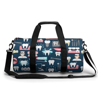 Teeth Dental Seamless Pattern Cylindrical Portable Fitness Bag, Large Capacity Handbag - color: Teeth Dental Seamless Pattern