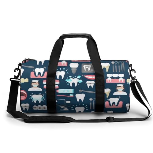 Teeth Dental Seamless Pattern Cylindrical Portable Fitness Bag, Large Capacity Handbag - color: Teeth Dental Seamless Pattern