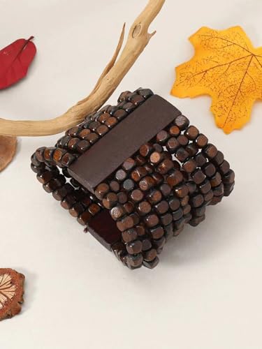 Stretch Wooden Beads Cuff Bracelets Multi Layered Natural Wood Beads Chunky Bangle Wooden Handmade Wide Bracelets Bohemia Jewelry for Women Men - color: A