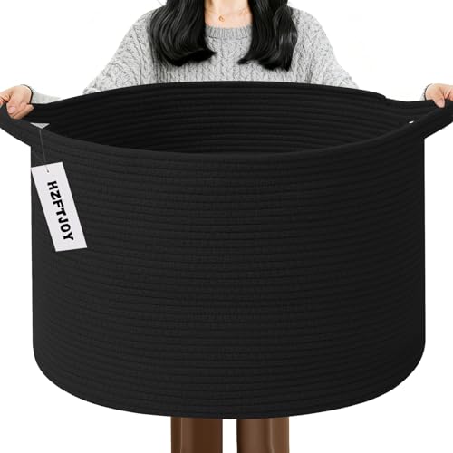 115L Extra Large Blanket Basket,Woven Rope Laundry Basket Hamper with Handles, Decorative Nursery Basket Storage Bin for Toys, Clothes Organizer, Living Room, Bedroom, Bathroom, Black - color: Black, size: 23.6"L x 23.6"W x 15.7"H(115L)