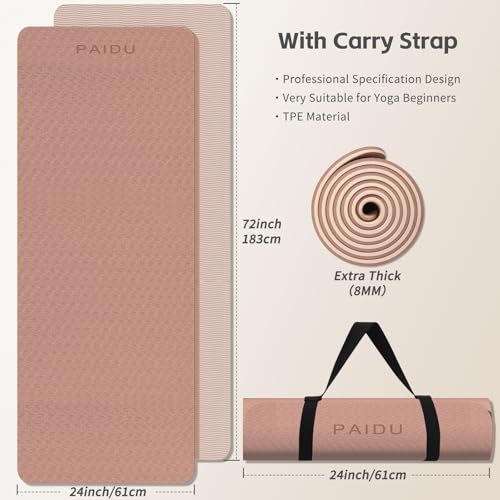 PAIDU Yoga Mat 8mm Super Thick TPE Fitness Mat | SGS Certified | Non-Slip, Odorless & Tear-Resistant | Unisex with Strap | for Yoga, Pilates, Meditation & Home Workouts - color: Brown&Apricot