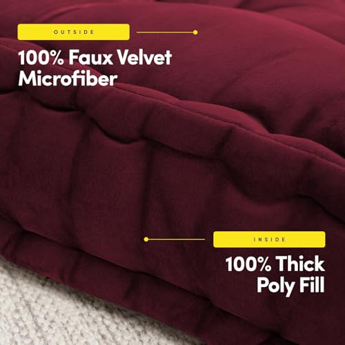 Floor Pillow Large Square Tufted Decorative Cushion 20" x 20" Faux Velvet Fabric Ultra Thick Fill for Kids and Adults, 1 Pack, Burgundy Red