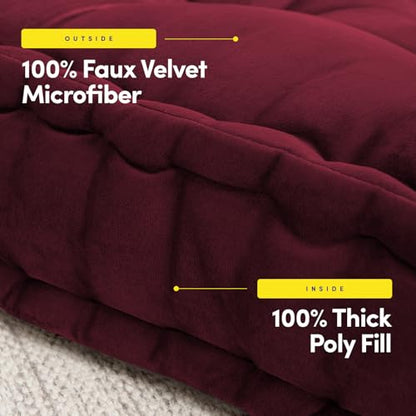 Floor Pillow Large Square Tufted Decorative Cushion 20" x 20" Faux Velvet Fabric Ultra Thick Fill for Kids and Adults, 1 Pack, Burgundy Red