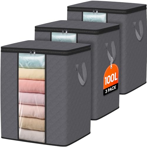 SpaceWhisper 3 Pack 100L Clothes Storage, Foldable Thick Fabric Blanket Storage Bags, Containers for Organizing Bedroom, Closet, Clothing, Comforter,Closet Organization with Handle,Grey - color: Grey