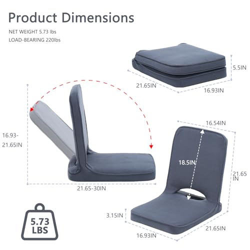 Floor Chair with Adjustable Back Support, Foldable Padded Gaming Floor Seat for Adults & Kids, Multi-Position Meditation Chair with Corduroy Cover for Reading, Gaming & Watching TV (Grey)