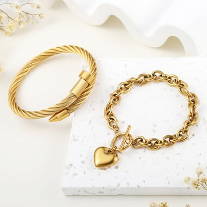 2PCS 18K Gold Plated Nail Bangle & Chain Bracelet Set for Women, Adjustable Stackable Bangle Jewelry, Dainty Gold Bracelet Gift for Women - color: Set H