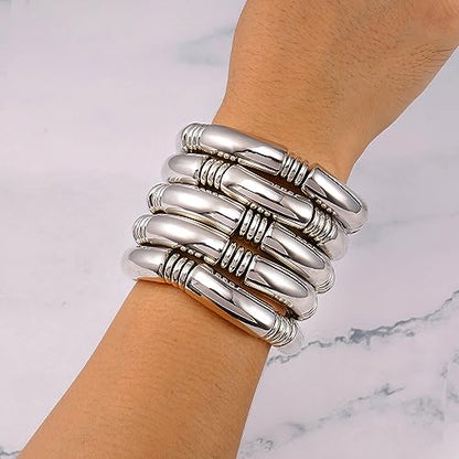 Gold Chunky Bangles Bracelets For Women 14k Gold Plated Stack Layered Curved Bamboo Tube Stretch Bracelets Gift Jewelry - color: 5pcs Silver