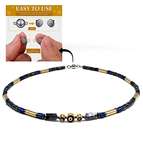 Healing Stress Anxiety Meditation Grounding Energy Gemstone Necklace Series - color: Black Blue Hematite -4 mm- Tube Beads & Evil Eye