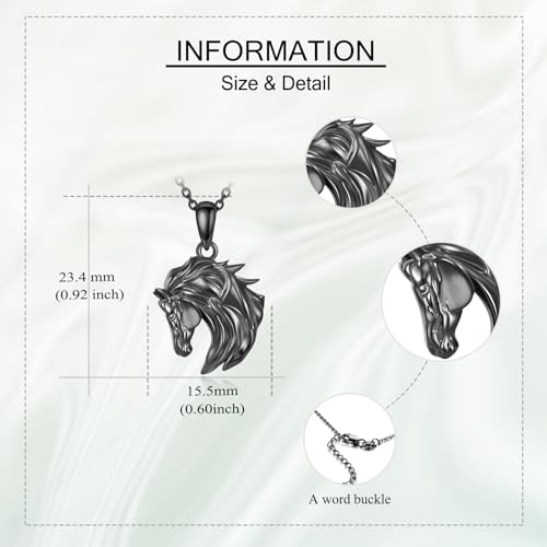 Sterling Silver Cute Animal Pendant Necklace Fox/Snake/Unicorn/Owl on Moon/Rabbit/Horse Necklace Jewelry for Women Mom Sister - style: Black Horse
