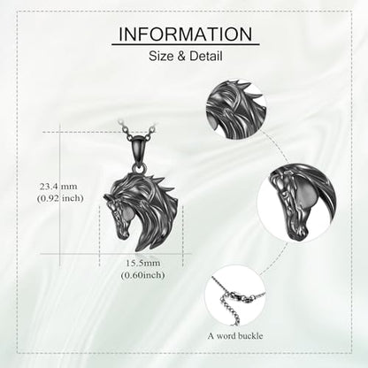Sterling Silver Cute Animal Pendant Necklace Fox/Snake/Unicorn/Owl on Moon/Rabbit/Horse Necklace Jewelry for Women Mom Sister - style: Black Horse