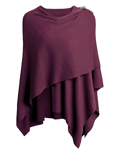 PULI Womens Large Cross Front Poncho Sweater Wrap Topper Knitted Elegant Shawls Cape for Fall Winter - color: 2-burgundy With Button