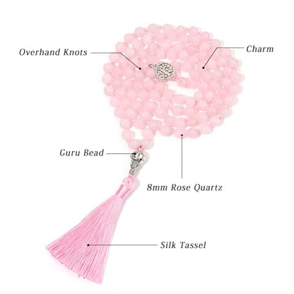 108 Mala Beads Necklace Semi-Precious Gem Stones Meditation Necklace 108 Hand Knotted Japa Mala Beaded Tassel Necklace with Tree of Life Pendant - color: Rose Quartz