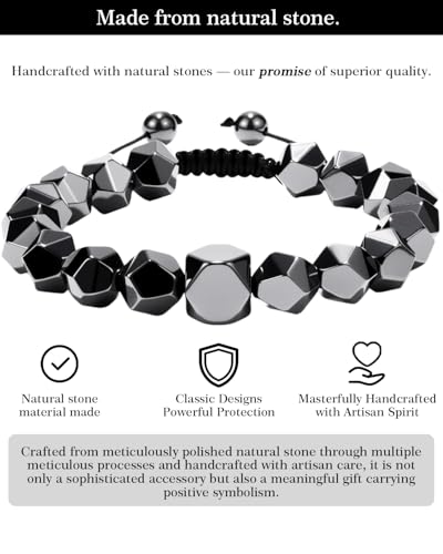 Beaded Bracelet for Men, 10mm Natural Stones Bracelet for Men's Gift, Adjustable Precision-Cut Gemstone Crystal Healing Bracelet, Protection Jewelry Gift with Hematite, Tiger Eye