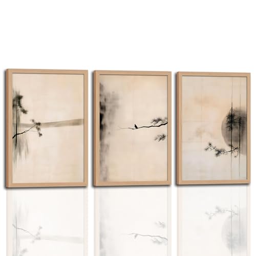 skysoon Minimalist Zen Wall Art Set of 3, Abstract Ink Landscape Canvas Prints, Neutral Pine Tree and Bird Artwork, Modern Japanese Scandinavian Wall Decor for Living Room Bedroom Office 12x16 Inch - color: smallbirdbranch, size: 12x16 Inch