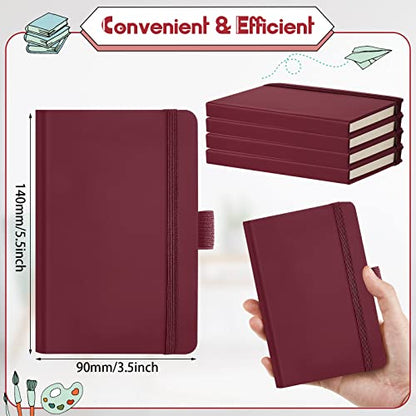 Laumoi Small Notebooks A6 Pocket Journals 3.5 x 5.5 Inch Small Leather Notebook Mini Ruled Lined Journal with Elastic Band Pen Holder Page Marker Ribbons(Wine Red,40 Pieces) - color: Wine Red