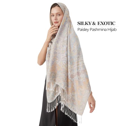 Paisley Pashmina Rave Shawl Scarf-Women's Reversible Ethnic Jacquard Pashmina Wraps for Travel - color: A#. White Blue