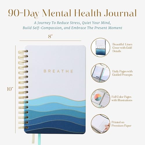 90-Day Guided Mental Health Journal for Anxiety, Mindfulness & Emotional Wellness – Daily Prompts for Self-Care, Self-Reflection, Calm, Stress Relief & Inner Strength (5.9" x 8.7" Spiral Bound) - color: Turquoise, Blue, White