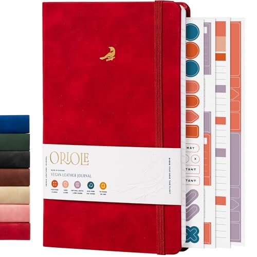 Oriole Vegan Leather Ruled Notebook - Cherry Red | 176 Pages of Thick Lined Paper | Soft Touch Hardcover Journal (5 x 8 in) with Gold Foil Bird Design & Luxury Gift Box - color: Cherry Red