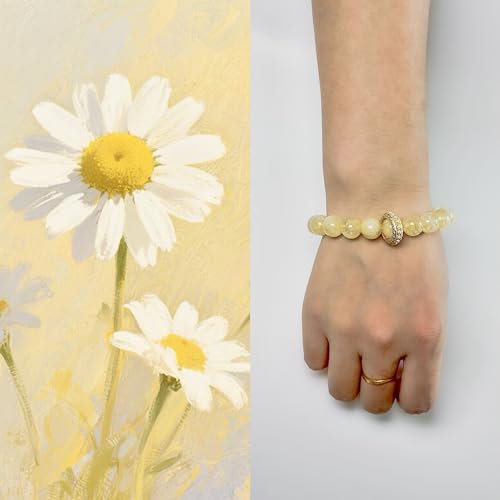 Birth Flower Crystal Bracelets for Women, Handmade Natural Gemstone Stretch Jewelry with Healing & Positive Energy - color: Apr. Daisy & Citrine