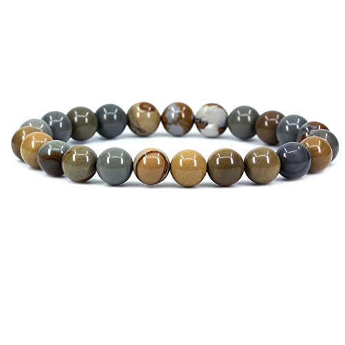 Keleny Gem Semi Precious Gemstones 8mm Round Beads Crystal Stretch Bracelets 7 Inch Unisex - color: Yellow Owyhee Picture Jasper