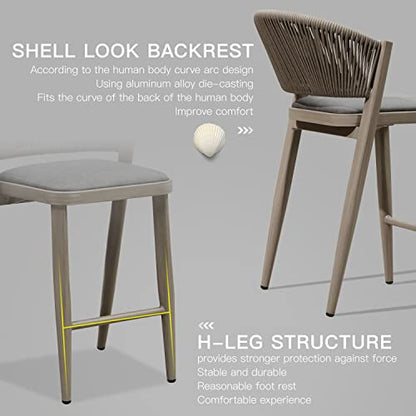 PURPLE LEAF Counter Height Bar Stool Set of 2 Modern Aluminum Rattan Wicker Outdoor Barstools with Backrest and Cushion for Kitchen Lawn Pool Bar Chairs Grey