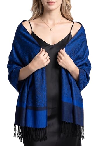 Achillea Two-Tone Vintage Paisley Pashmina Scarf – Lightweight Wrap & Shawl for Dresses, Weddings, Travel, All Seasons - color: Deep Blue Black
