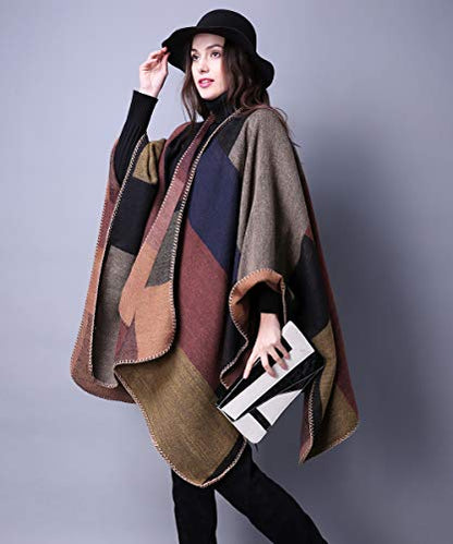 Women's Shawls and Wraps Open Front Poncho Cape Winter Sweater - color: A2-khaki