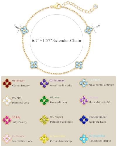 Birthstone Gold Clover Bracelet Dainty 14K Gold Plated Cute Friendship Stackable Bracelets for Women No Tarnish Trendy Charm Best Friend Bracelet Stack for Birthday Jewelry - color: 03. March(Aquamarine)