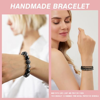 4pcs Beaded Bracelets for Women,Natural Healing Crystal Gemstones Bracelet,Anxiety Stress Relief Bracelet Handmade purple Jewelry Gifts for Women - color: Hematite&Black agate&Lava Rock