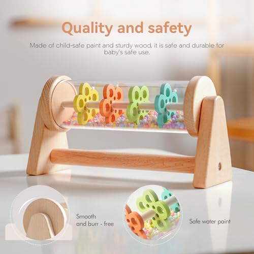Wooden Rain Stick with Handle & Stand, Montessori Sensory Musical Rattle for Toddlers 12+ Months, Calming Rainmaker with Beads for Tummy Time & Quiet Play, Baby Shower & 1st Birthday Gift